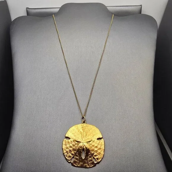 VTG 12K GF Sand Dollar Pendant Necklace 18" Natural Shell 1970s USA - Picture 2 of 11
